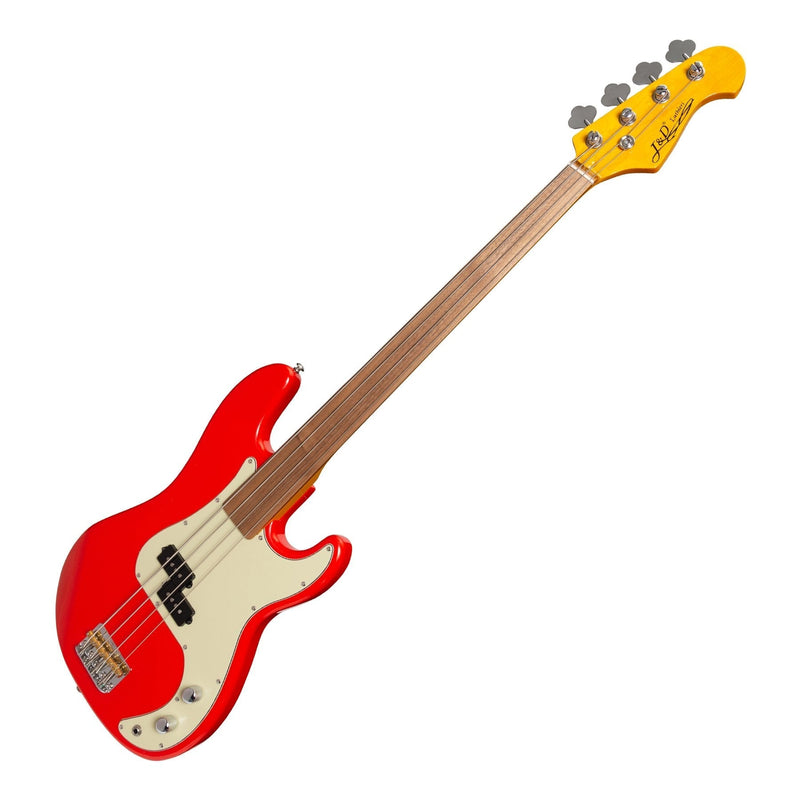 JD-PB63F-RED-J&D Luthiers 4-String PB-Style Fretless Electric Bass Guitar (Red)-Living Music