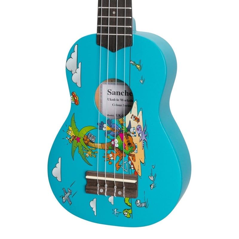 -Sanchez 'Friendly Folk' Soprano Ukulele (Blue/Island Party)-Living Music