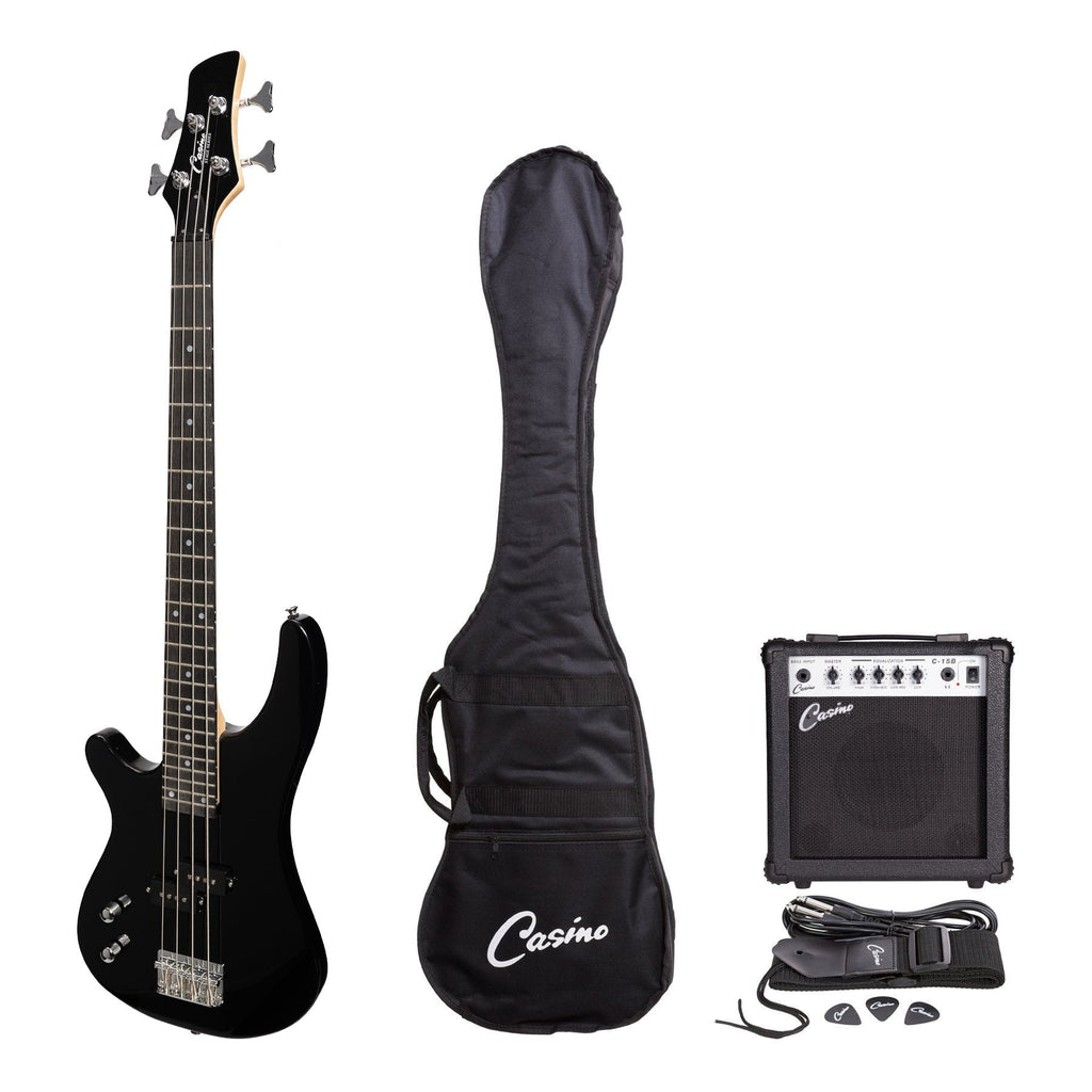 -Casino '24 Series' Left Handed Short Scale Tune-Style Electric Bass Guitar and 15 Watt Amplifier Pack (Black)-Living Music
