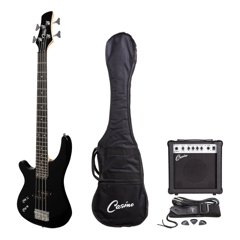 -Casino '24 Series' Left Handed Short Scale Tune-Style Electric Bass Guitar and 15 Watt Amplifier Pack (Black)-Living Music