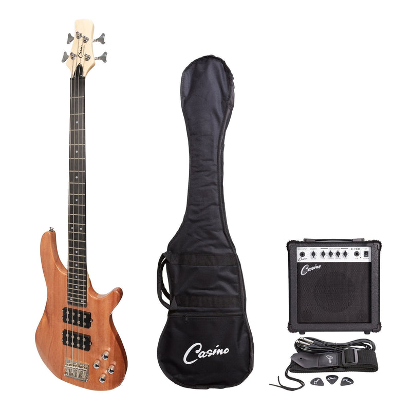 -Casino '24 Series' Mahogany Tune-Style Electric Bass Guitar and 15 Watt Amplifier Pack (Natural Gloss)-Living Music