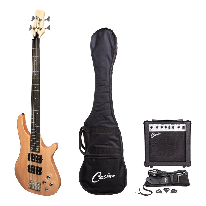 -Casino '24 Series' Mahogany Tune-Style Electric Bass Guitar and 15 Watt Amplifier Pack (Natural Satin)-Living Music