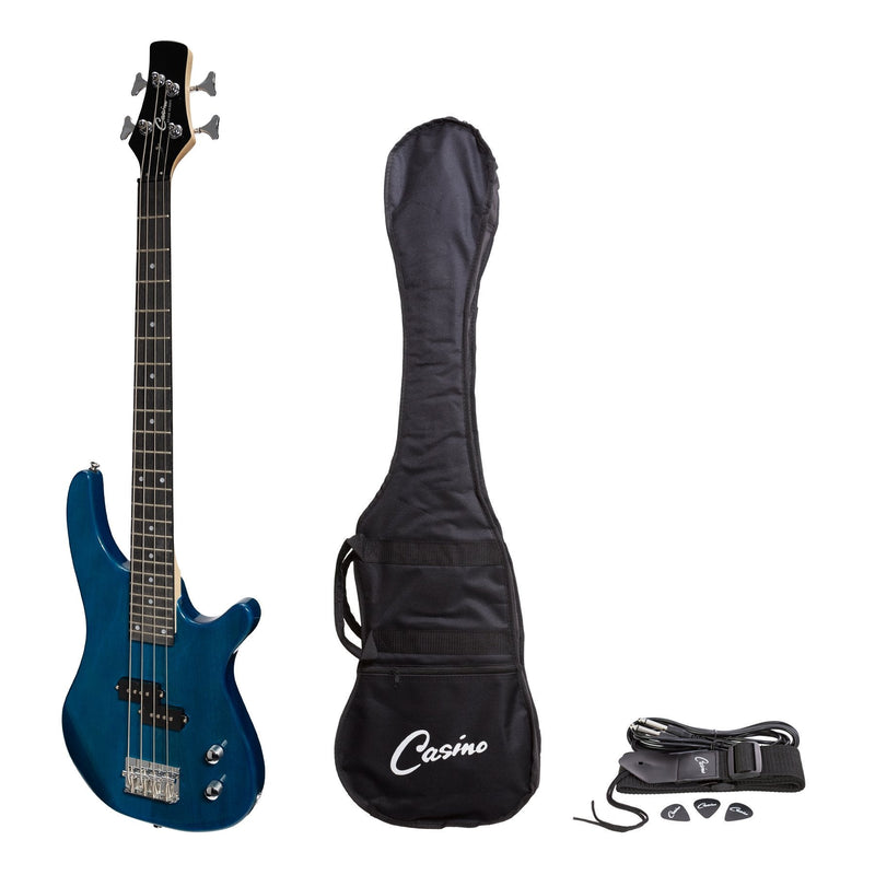 -Casino '24 Series' Short Scale Tune-Style Electric Bass Guitar Set (Transparent Blue)-Living Music