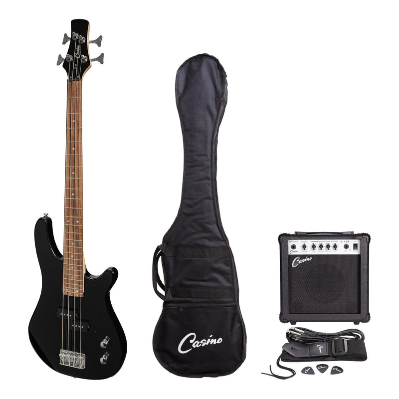 -Casino '24 Series' Short Scale Tune-Style Electric Bass Guitar and 15 Watt Amplifier Pack (Black)-Living Music