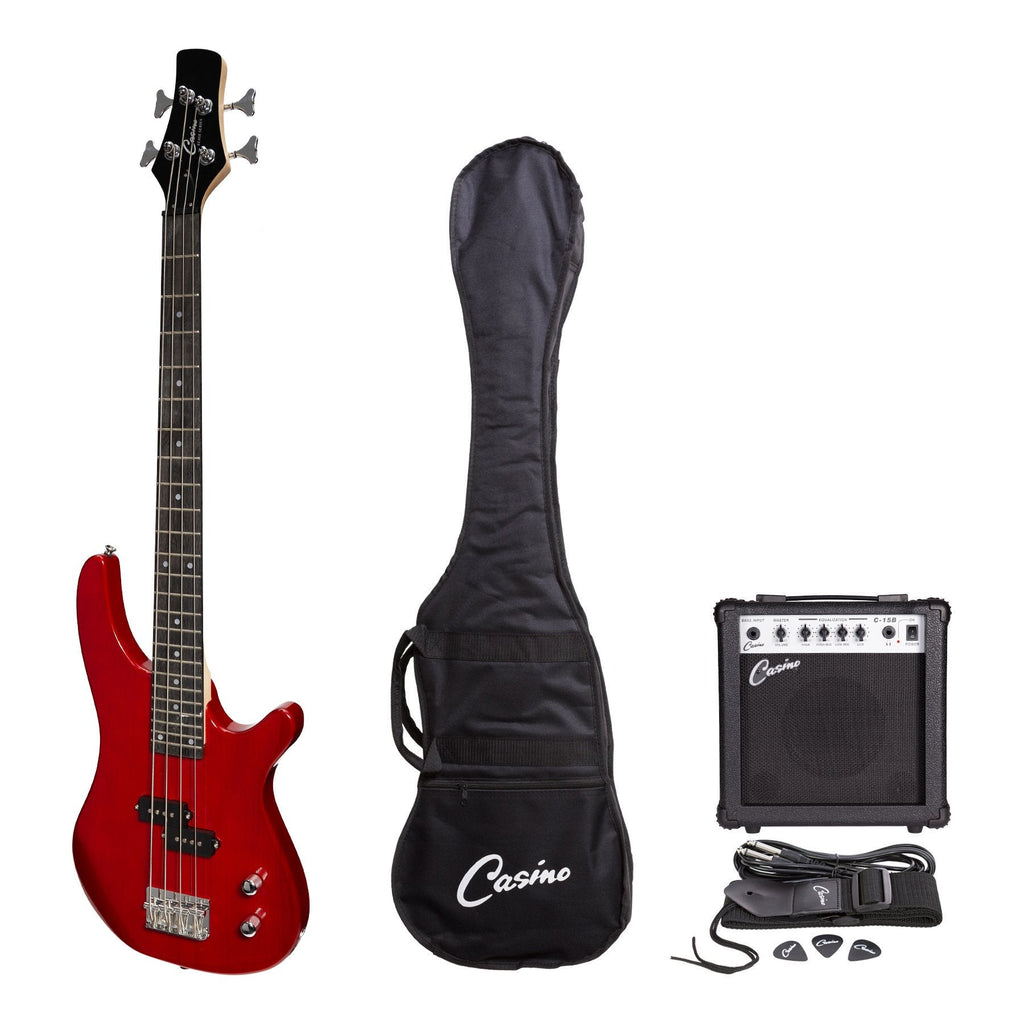 CP-SB1-TWR-Casino '24 Series' Short Scale Tune-Style Electric Bass Guitar and 15 Watt Amplifier Pack (Transparent Wine Red)-Living Music