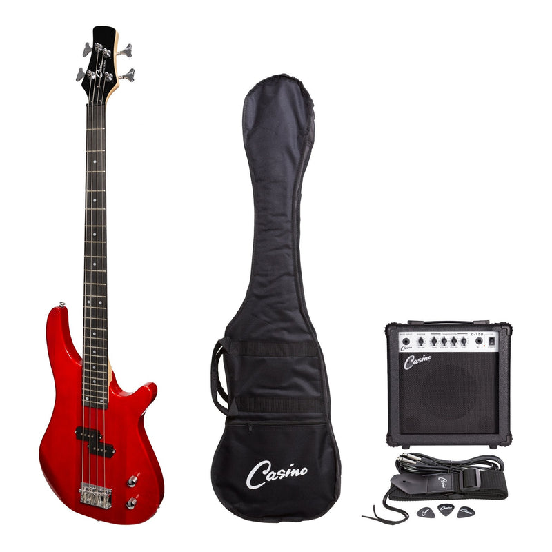 -Casino '24 Series' Tune-Style Electric Bass Guitar and 15 Watt Amplifier Pack (Transparent Wine Red)-Living Music