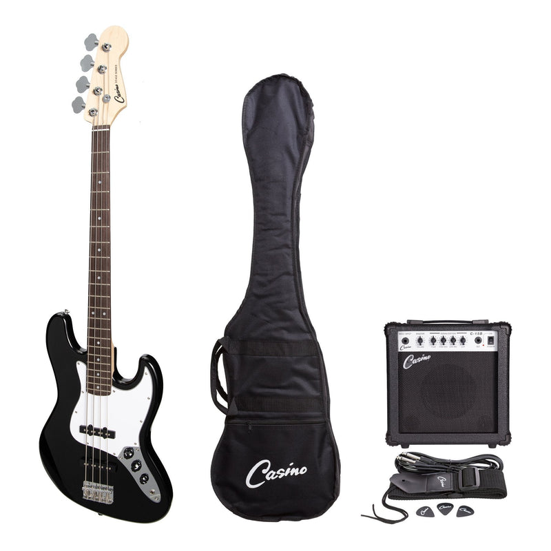 -Casino J-Style Electric Bass Guitar and 15 Watt Amplifier Pack (Black)-Living Music
