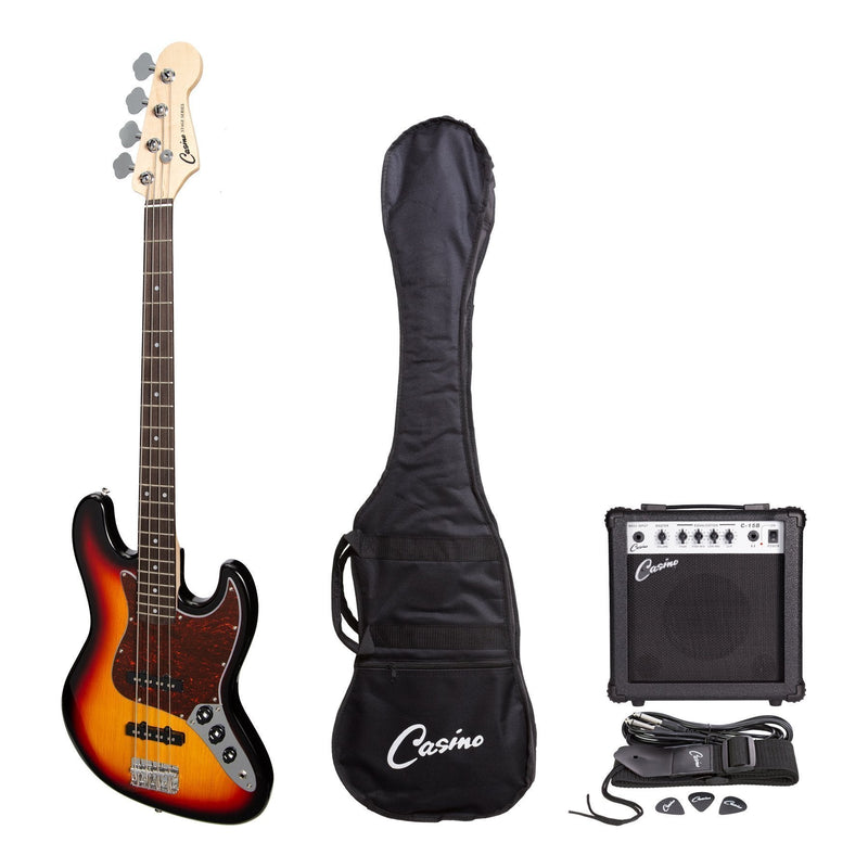 -Casino J-Style Electric Bass Guitar and 15 Watt Amplifier Pack (Tobacco Sunburst)-Living Music
