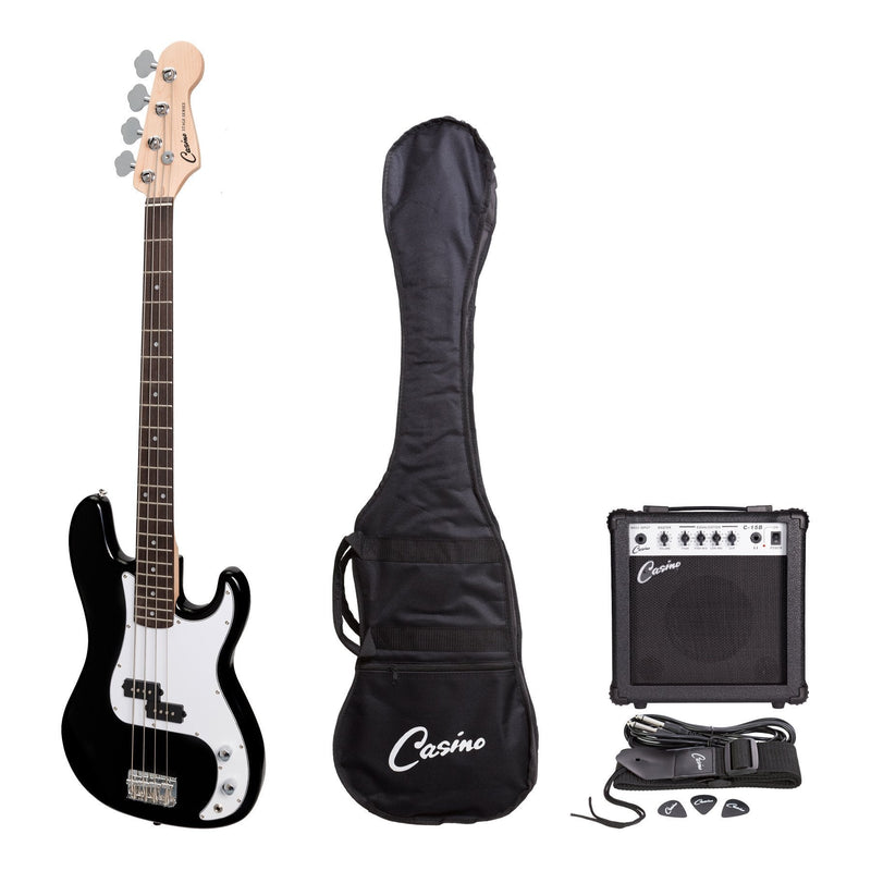-Casino P-Style Electric Bass Guitar and 15 Watt Amplifier Pack (Black)-Living Music