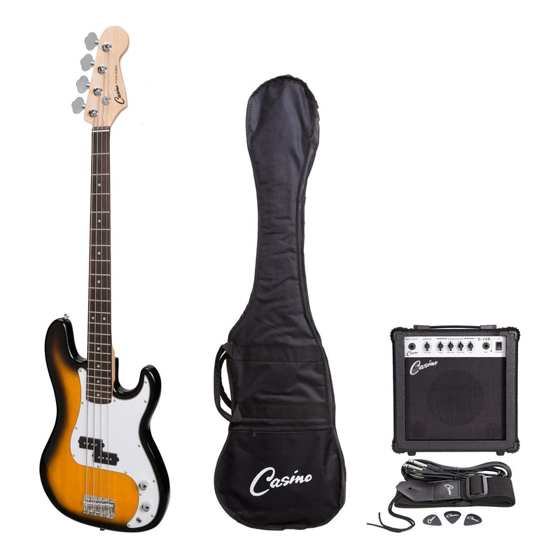 -Casino P-Style Electric Bass Guitar and 15 Watt Amplifier Pack (Tobacco Burst)-Living Music