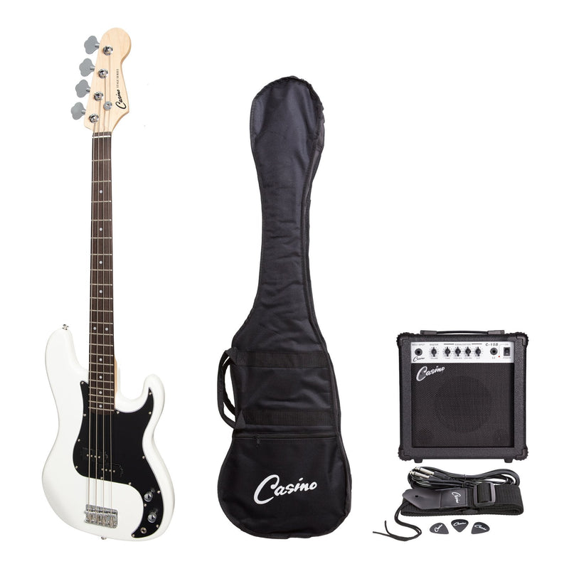 -Casino P-Style Electric Bass Guitar and 15 Watt Amplifier Pack (White)-Living Music