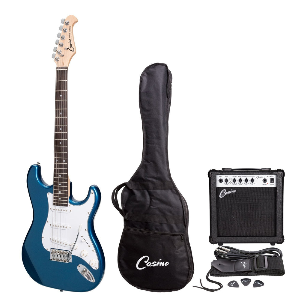 -Casino ST-Style Electric Guitar and 15 Watt Amplifier Pack (Metallic Blue)-Living Music