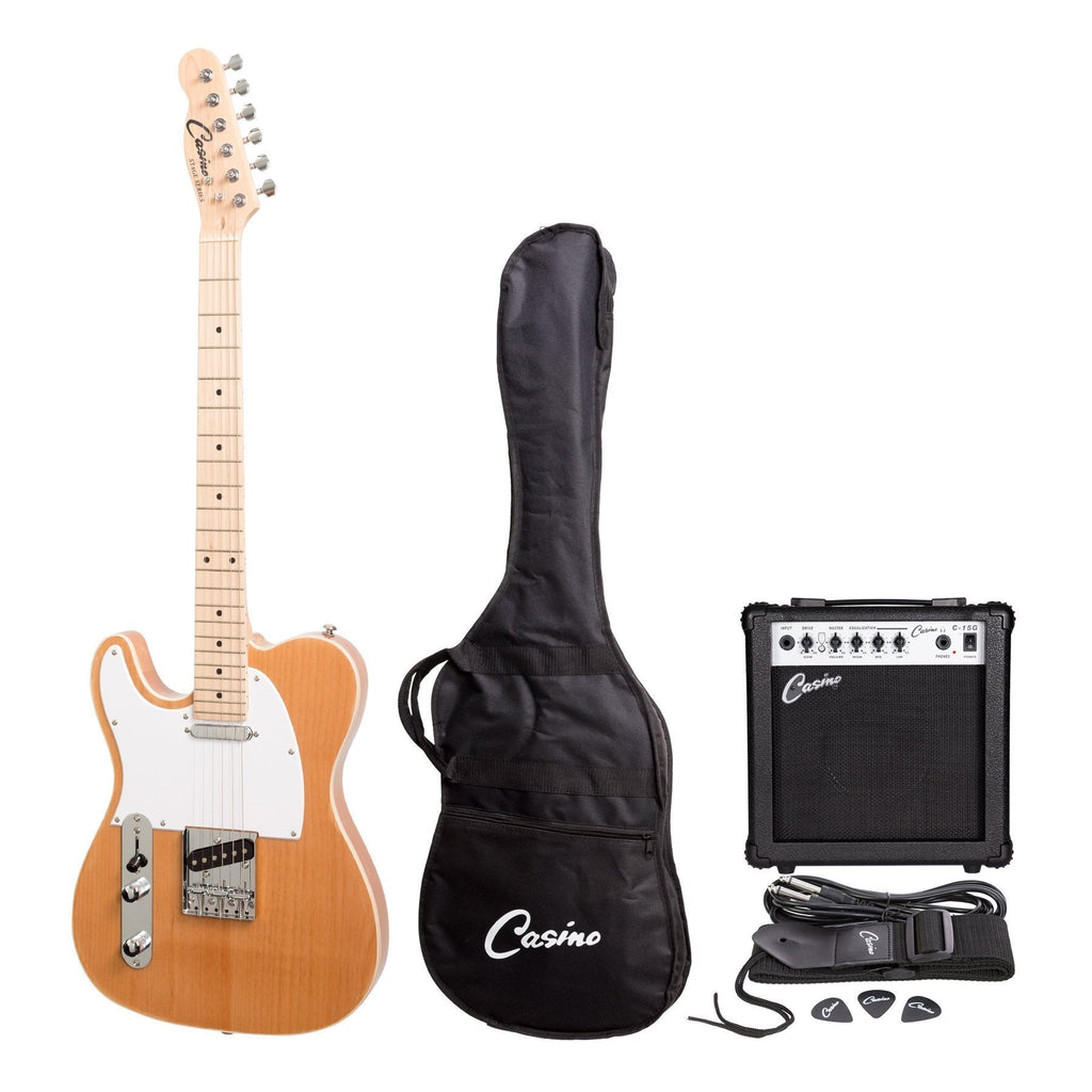 -Casino TE-Style Left Handed Electric Guitar Set and 15 Watt Amplifier Pack (Natural Gloss)-Living Music