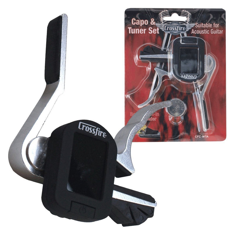 -Crossfire Trigger-Style Acoustic Guitar Capo with Chromatic Tuner (Nickel)-Living Music