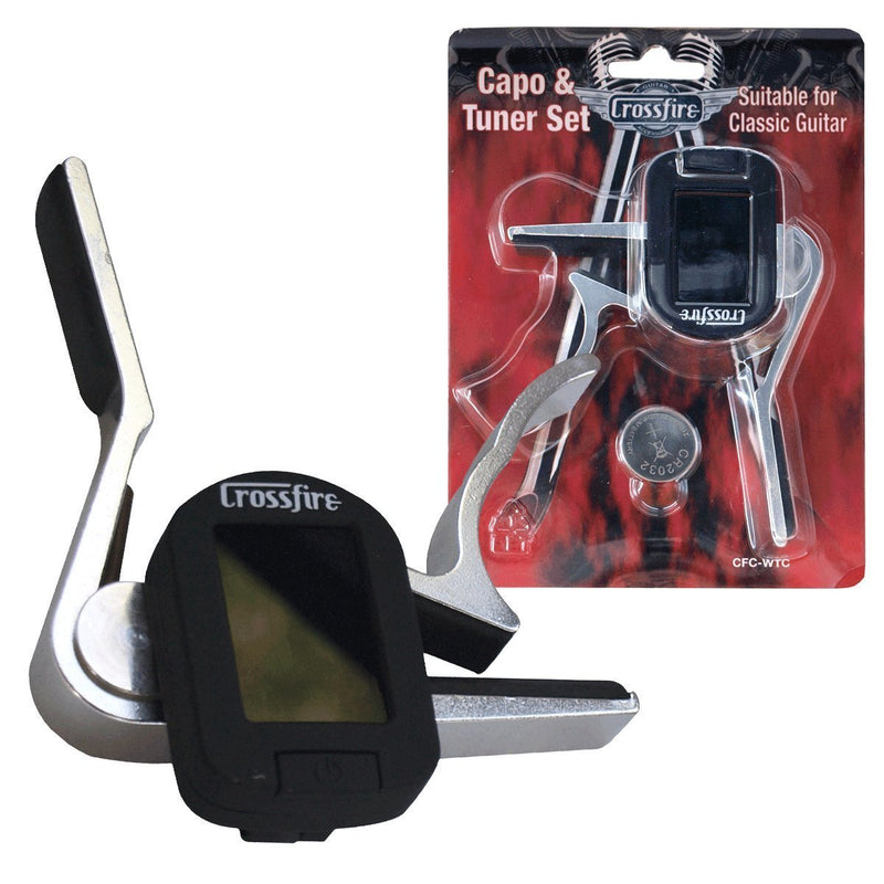 -Crossfire Trigger-Style Classical Guitar Capo with Chromatic Tuner (Nickel)-Living Music