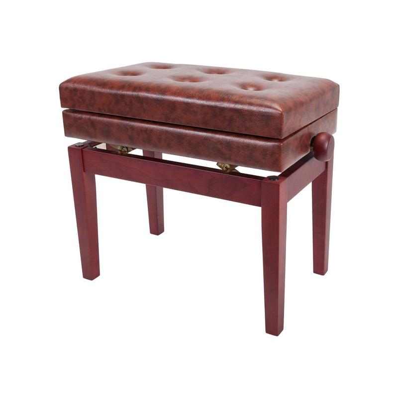 -Crown Deluxe Tufted Height Adjustable Piano Stool with Storage Compartment (Mahogany)-Living Music