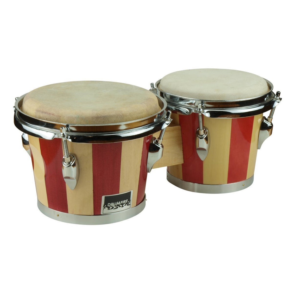 -Drumfire 6.5" and 7.5" Striped Wood Bongos (Natural Brown)-Living Music