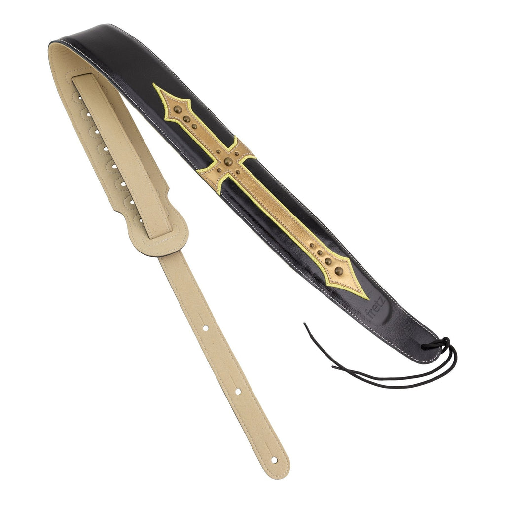 FGST-PL14-CFBRN-Fretz Premium Padded Leather Adjustable Guitar Strap (Gold Cross)-Living Music