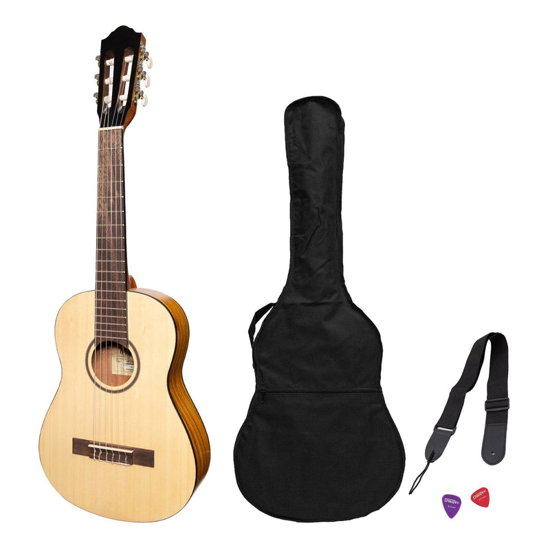 -Martinez 1/2 Size Student Classical Guitar Pack with Built In Tuner (Spruce/Koa)-Living Music