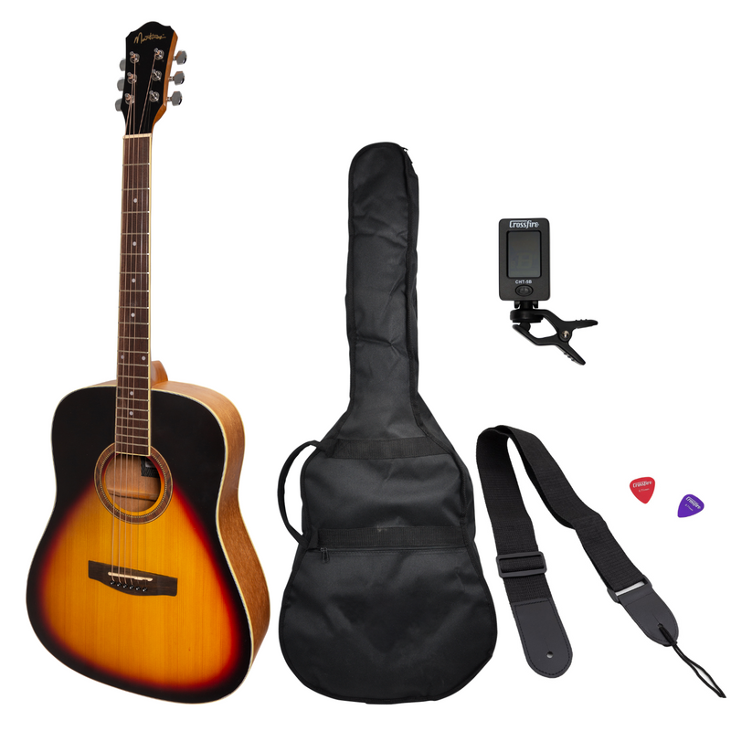 -Martinez '41 Series' Dreadnought Acoustic Guitar Pack (Tobacco Sunburst)-Living Music