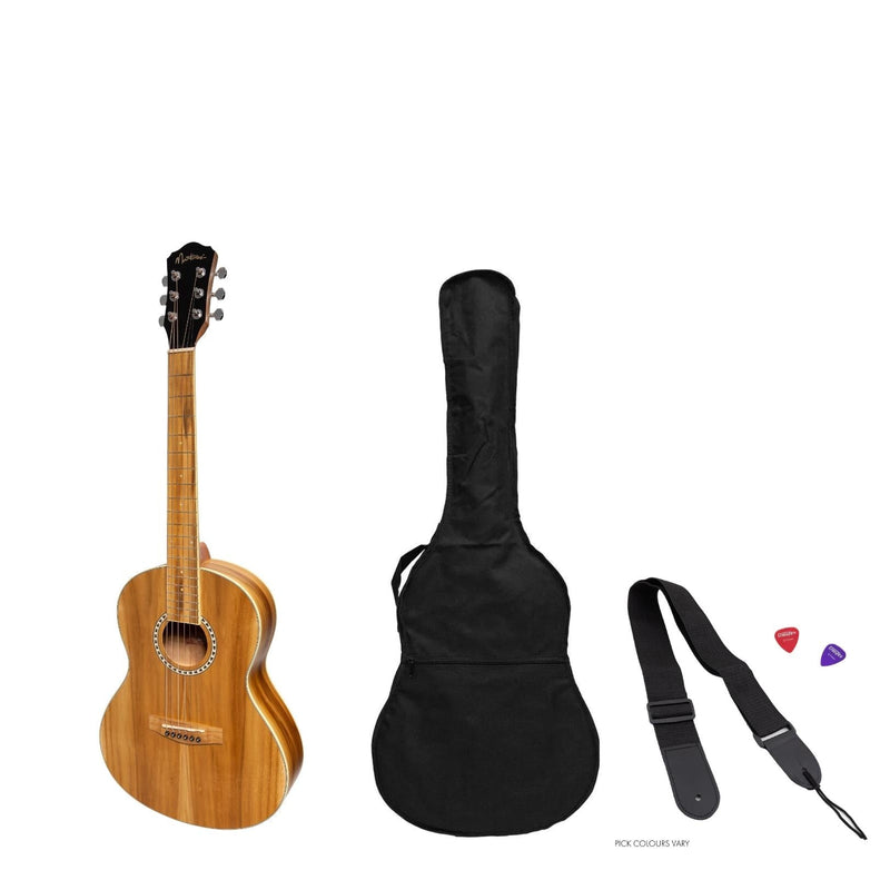 -Martinez Acoustic 'Little-Mini' Folk Guitar Pack with Built-In Tuner (Jati-Teakwood)-Living Music