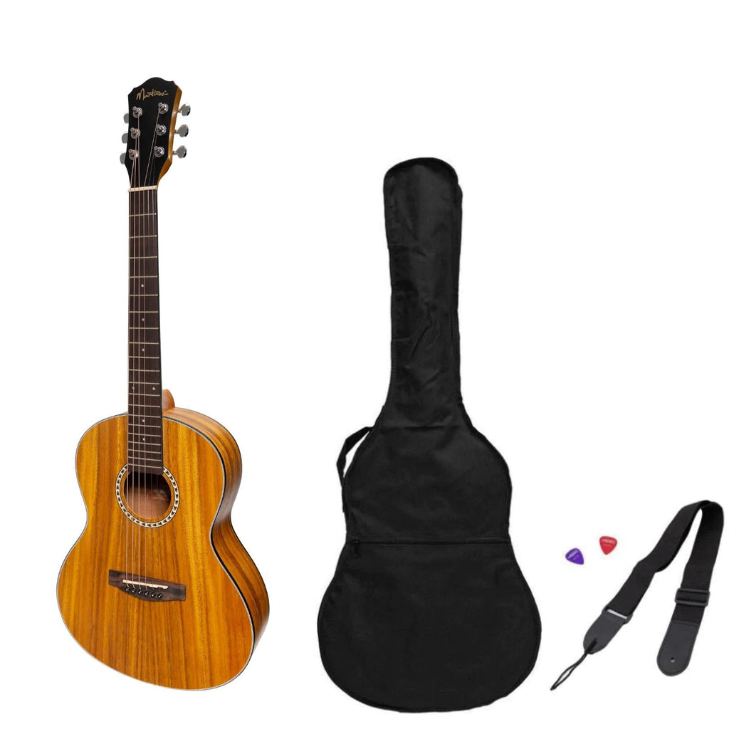 -Martinez Acoustic 'Little-Mini' Folk Guitar Pack with Built-In Tuner (Koa)-Living Music