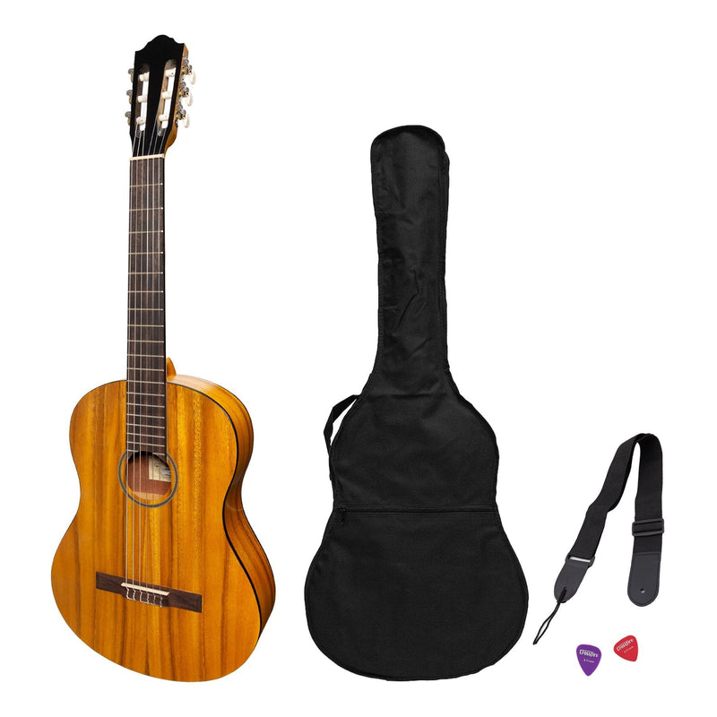 -Martinez Full Size Student Classical Guitar Pack with Built In Tuner (Koa)-Living Music