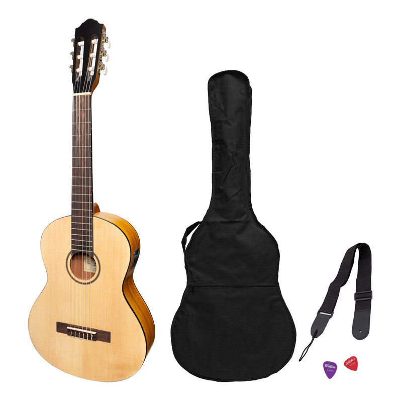 -Martinez Left Handed 3/4 Size Student Classical Guitar Pack with Built In Tuner (Spruce/Koa)-Living Music