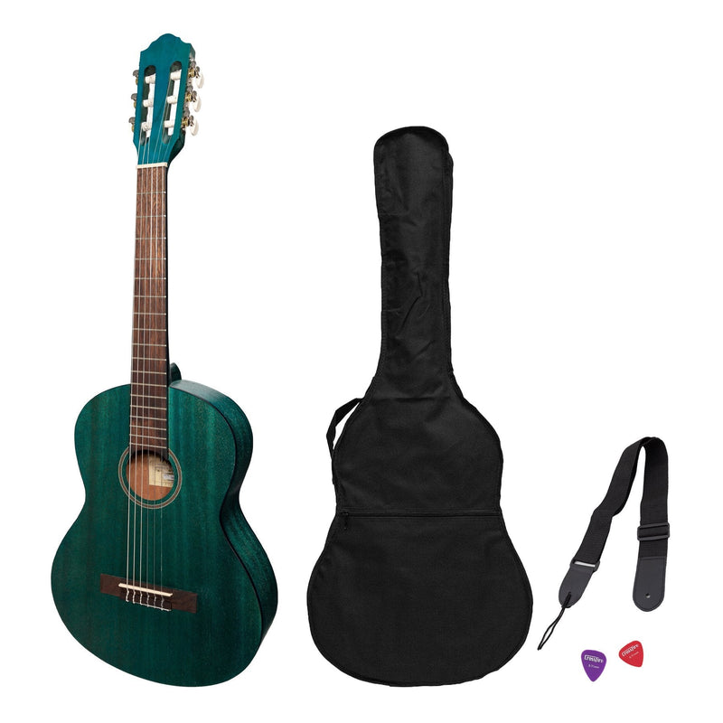 -Martinez 'Slim Jim' 3/4 Size Student Classical Guitar Pack with Built In Tuner (Teal Green)-Living Music