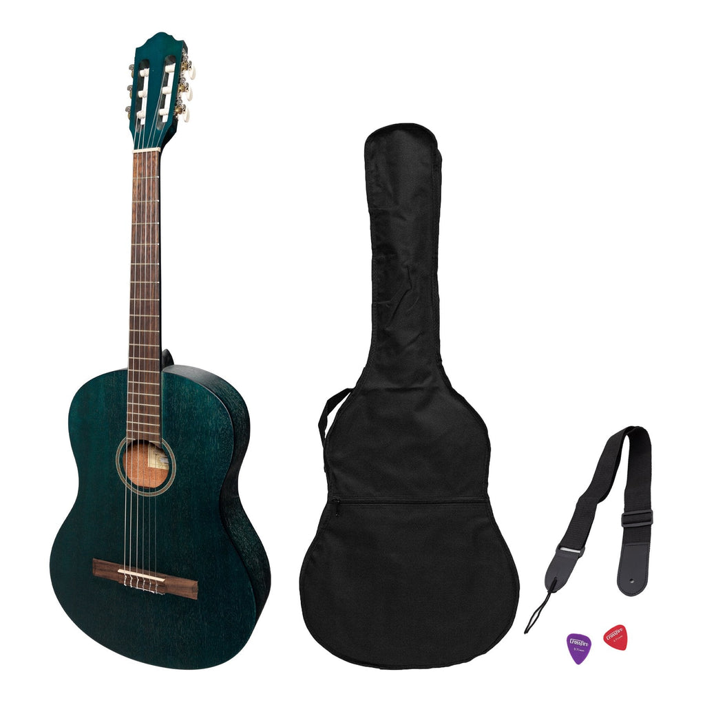 -Martinez 'Slim Jim' Full Size Student Classical Guitar Pack with Built In Tuner (Blue)-Living Music