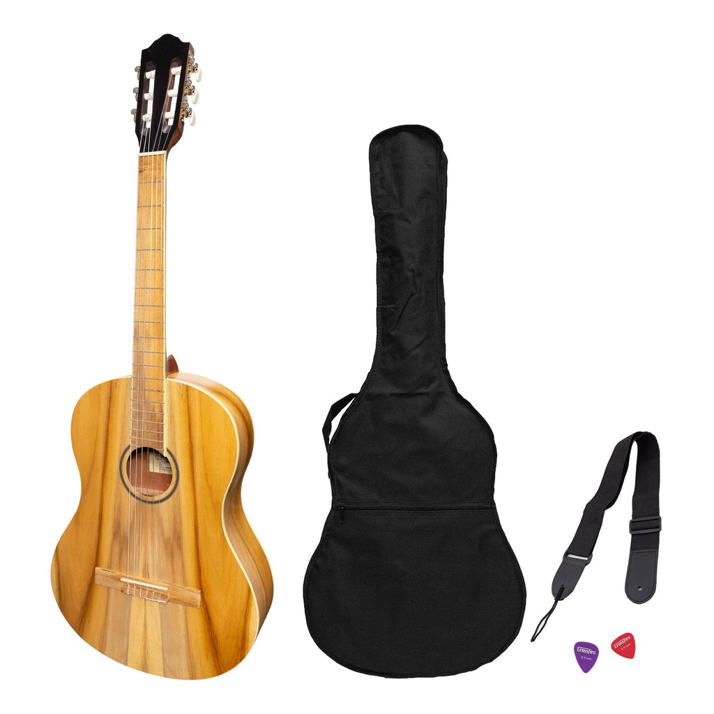 -Martinez 'Slim Jim' Full Size Student Classical Guitar Pack with Built In Tuner (Jati-Teakwood)-Living Music