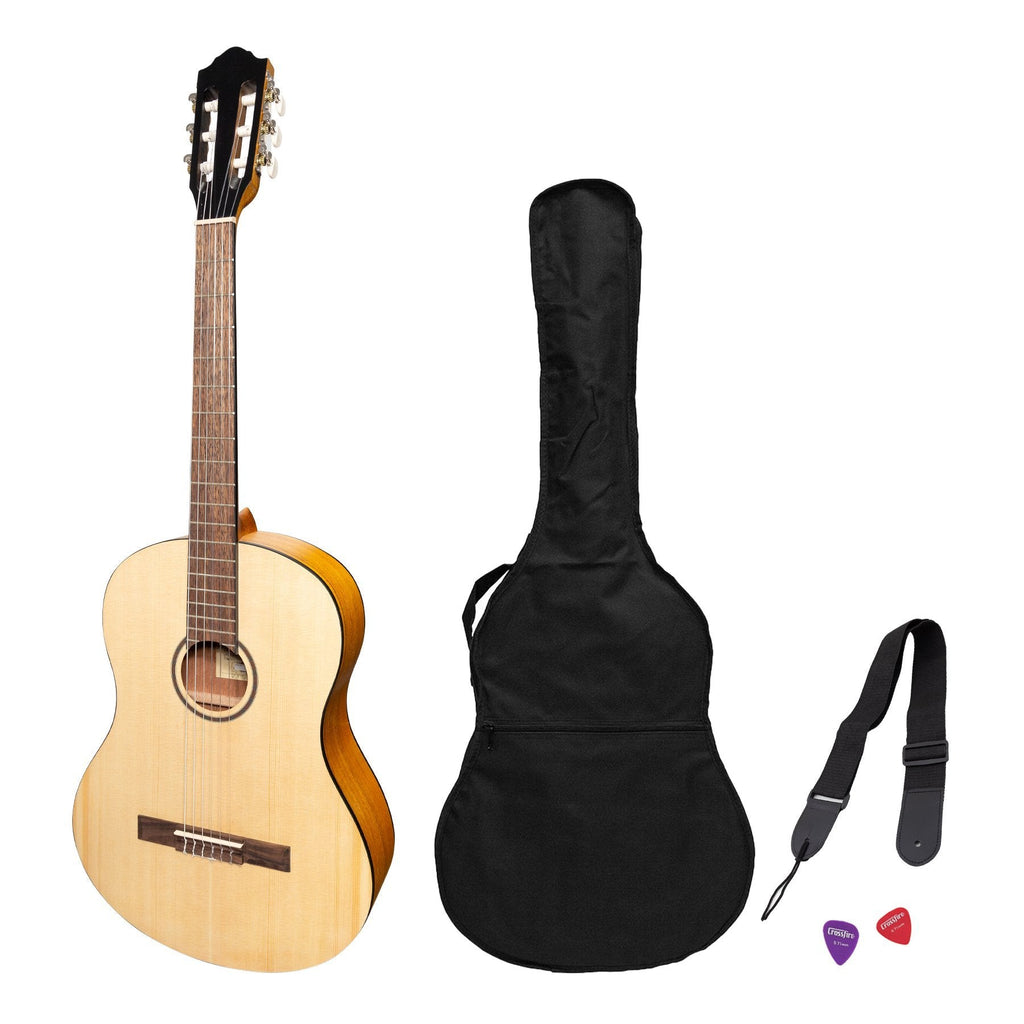 -Martinez 'Slim Jim' Full Size Student Classical Guitar Pack with Built In Tuner (Spruce/Koa)-Living Music