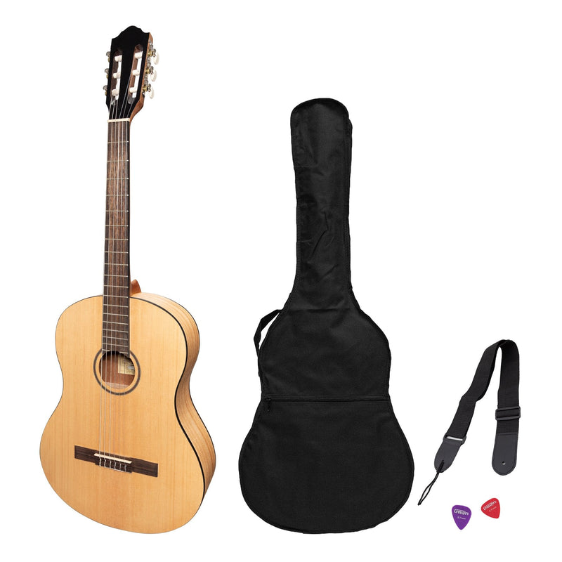 -Martinez 'Slim Jim' Full Size Student Classical Guitar Pack with Built In Tuner (Spruce/Mahogany)-Living Music