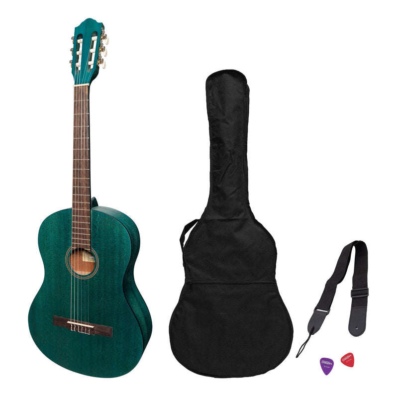 -Martinez 'Slim Jim' Full Size Student Classical Guitar Pack with Built In Tuner (Teal Green)-Living Music