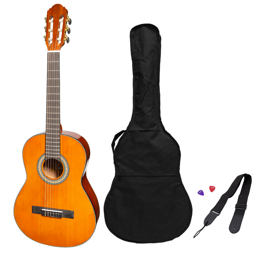 -Martinez 'Slim Jim' G-Series 3/4 Size Student Classical Guitar Pack with Built In Tuner (Amber-Gloss)-Living Music