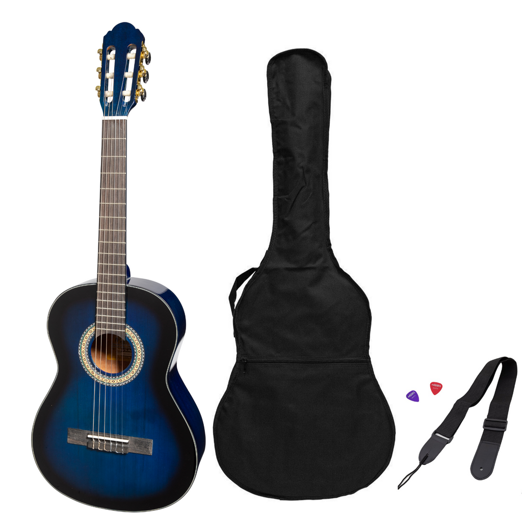 -Martinez 'Slim Jim' G-Series 3/4 Size Student Classical Guitar Pack with Built In Tuner (Blue-Gloss)-Living Music