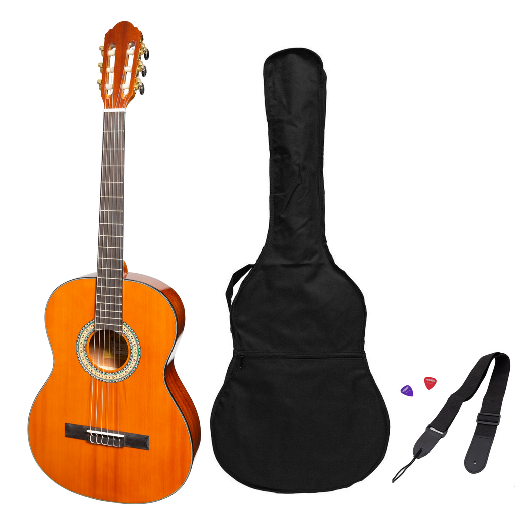 -Martinez 'Slim Jim' G-Series Full Size Student Classical Guitar Pack with Built In Tuner (Amber-Gloss)-Living Music