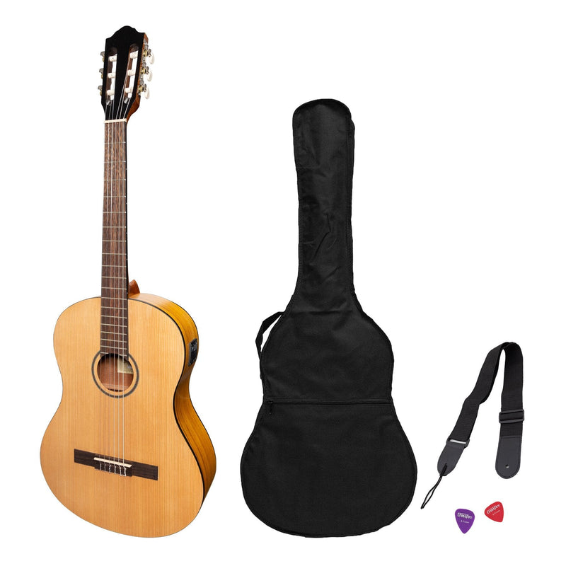 -Martinez 'Slim Jim' Left Handed Full Size Student Classical Guitar Pack with Built In Tuner (Spruce/Koa)-Living Music