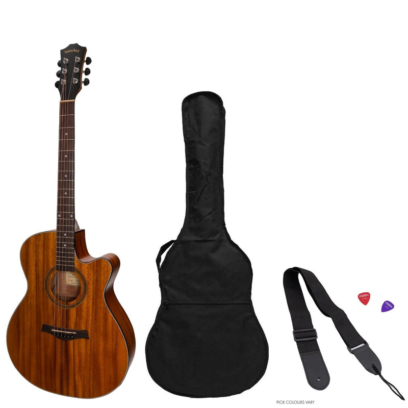 -Sanchez Acoustic-Electric Small Body Cutaway Guitar Pack (Koa)-Living Music