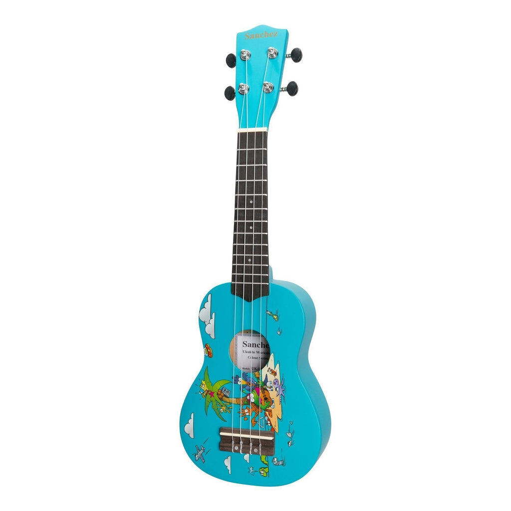 SU-F30-3-Sanchez 'Friendly Folk' Soprano Ukulele (Blue/Island Party)-Living Music