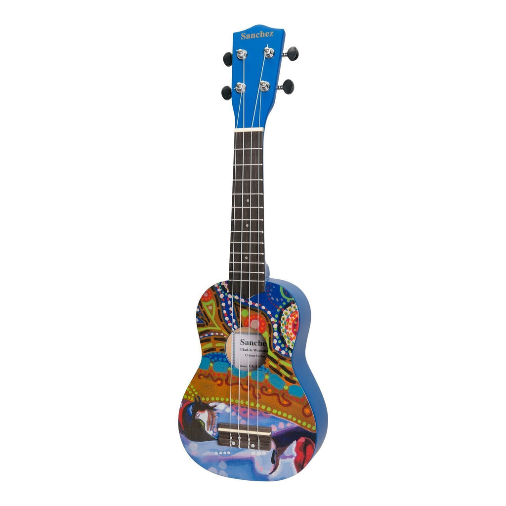 SU-F30-6-Sanchez 'Friendly Folk' Soprano Ukulele (Blue/Pattern)-Living Music