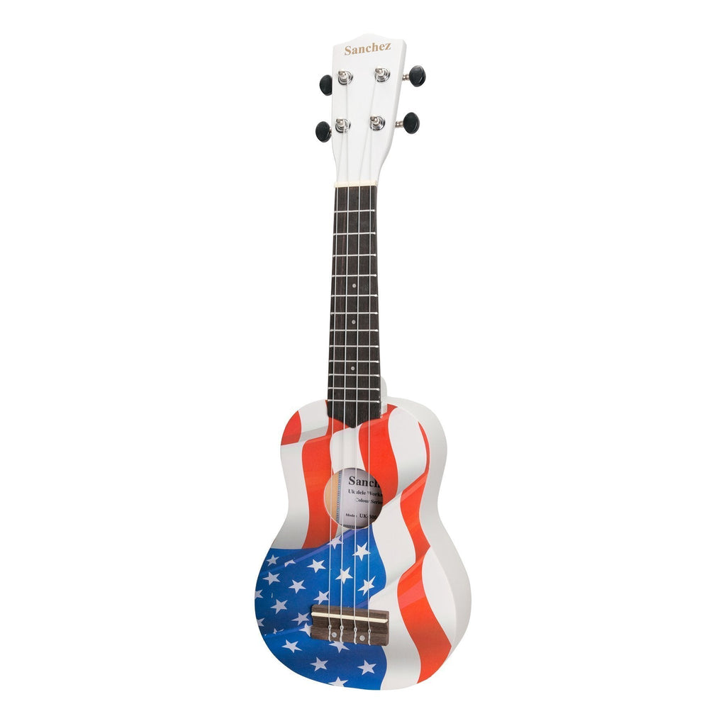 SU-F30-8-Sanchez 'Friendly Folk' Soprano Ukulele (White/USA Flag)-Living Music