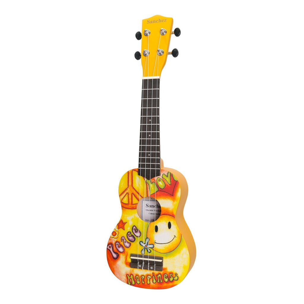 SU-F30-4-Sanchez 'Friendly Folk' Soprano Ukulele (Yellow/Hippy)-Living Music