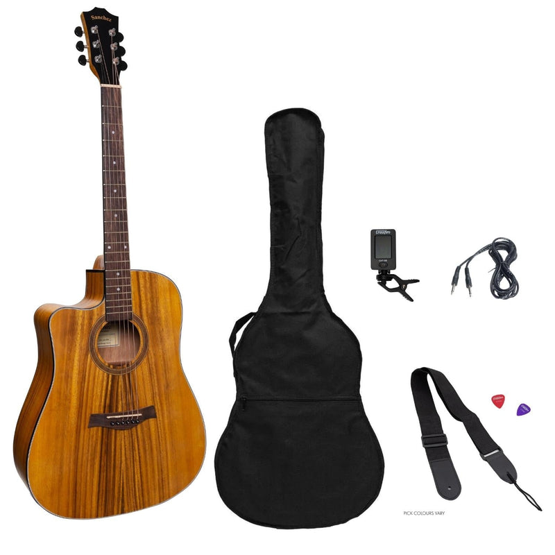 -Sanchez Left Handed Acoustic-Electric Dreadnought Cutaway Guitar Pack (Koa)-Living Music