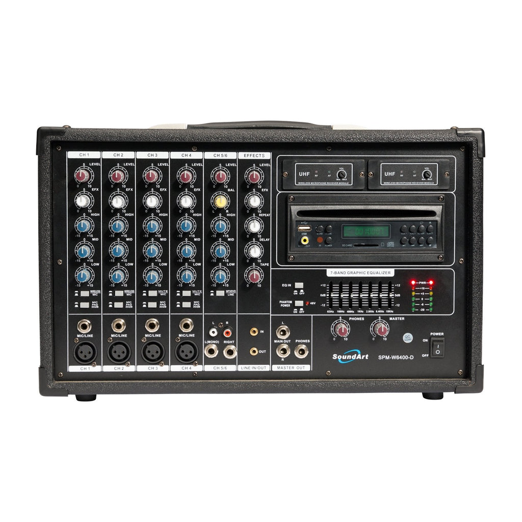 SPM-W6400D-SoundArt 6 Channel 400 Watt Dual Wireless Powered Mixer PA System with DVD Player-Living Music