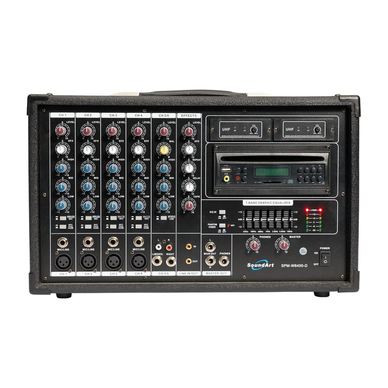 -SoundArt 6 Channel 400 Watt Dual Wireless Powered Mixer PA System with DVD Player-Living Music