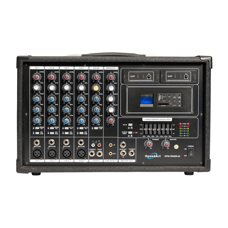 -SoundArt 6 Channel 400 Watt Dual Wireless Powered Mixer PA System with MP3 Player-Living Music