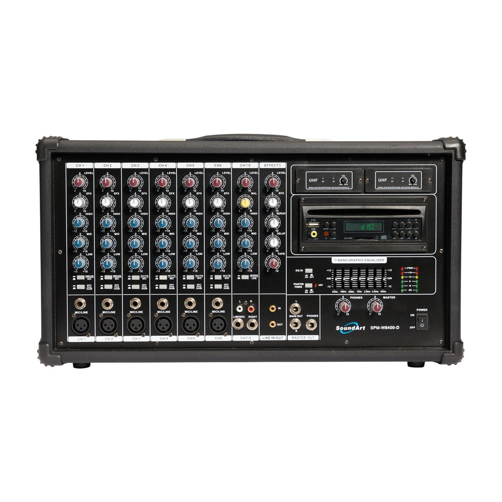 SPM-W8400D-SoundArt 8 Channel 400 Watt Dual Wireless Powered Mixer PA System with DVD Player-Living Music