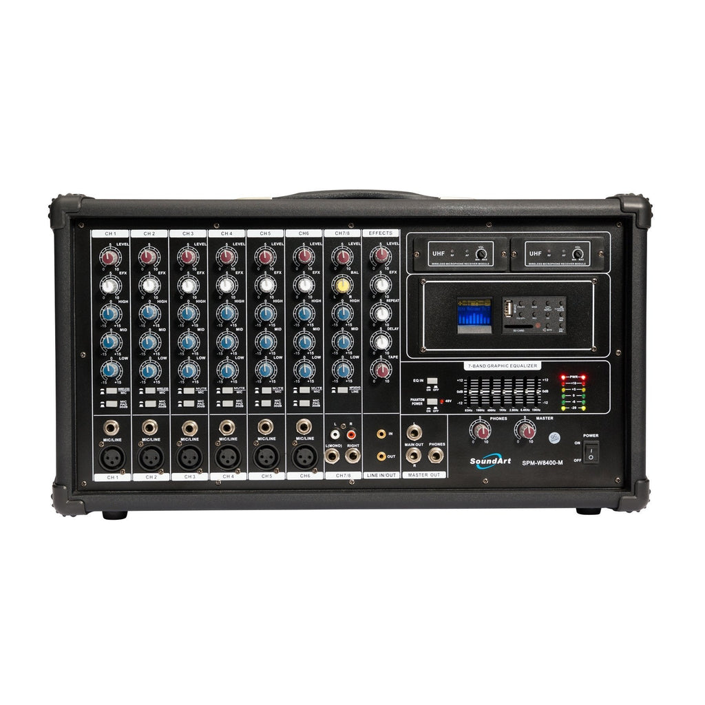 SPM-W8400M-SoundArt 8 Channel 400 Watt Dual Wireless Powered Mixer PA System with MP3 Player-Living Music