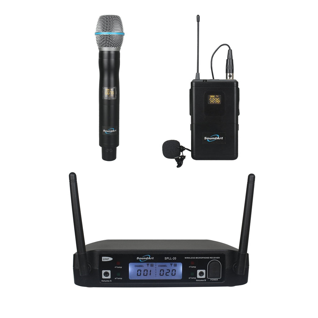 SPLL-20-MBP-SoundArt Dual Channel UHF Wireless Microphone System with Lapel, Headset and Handheld Mics-Living Music